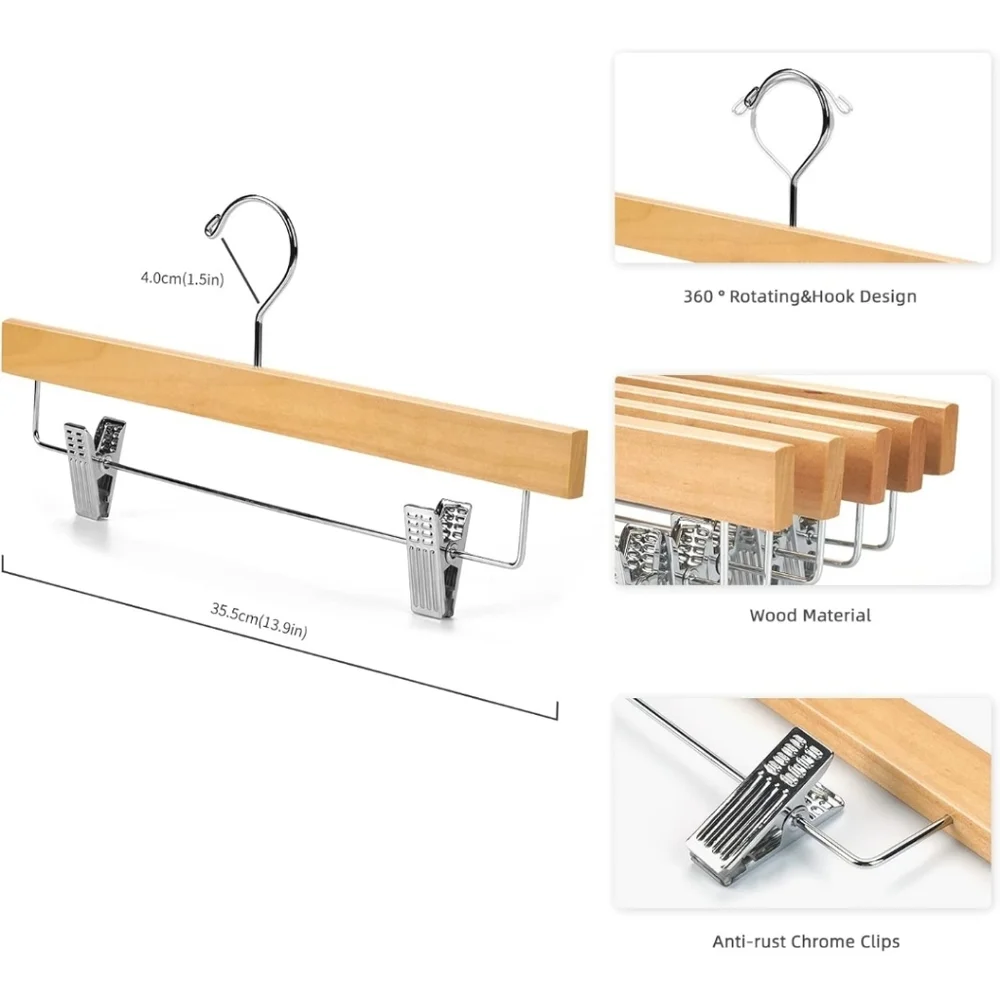 5 Piece Bamboo Hardwood Adjustable Chrome Sleek Clip Pant Hangers Swivel Hook